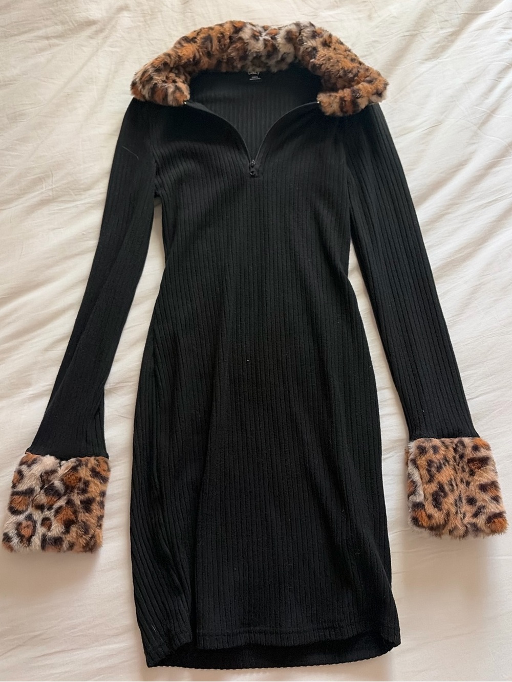 Black Ribbed Long-Sleeve Dress with Leopard Faux-Fur Trim